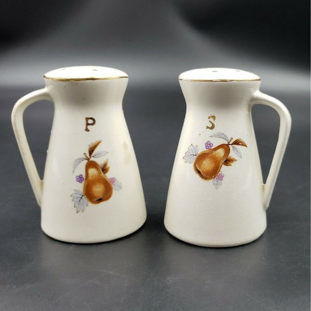 Pear Salt & Pepper Shakers W/ Handle 7 Hole Royal Taunton Autumn Fruit VTG Japan